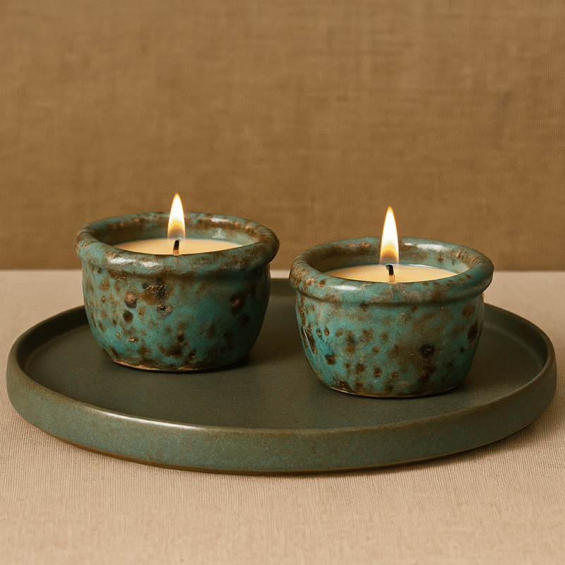 Sea Still Duo – Turquoise Candle Vessels on Coastal Tray