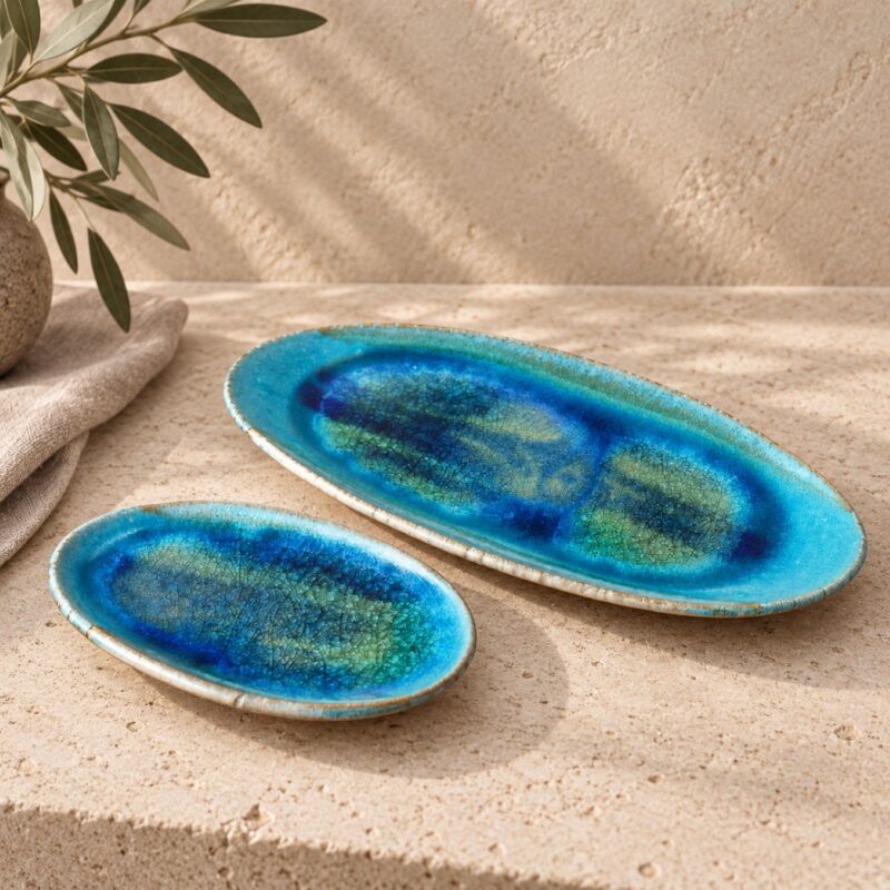 Okinawa Tide Mashiko Ware Oval Dish – Turkish Blue Molten Glass Pottery