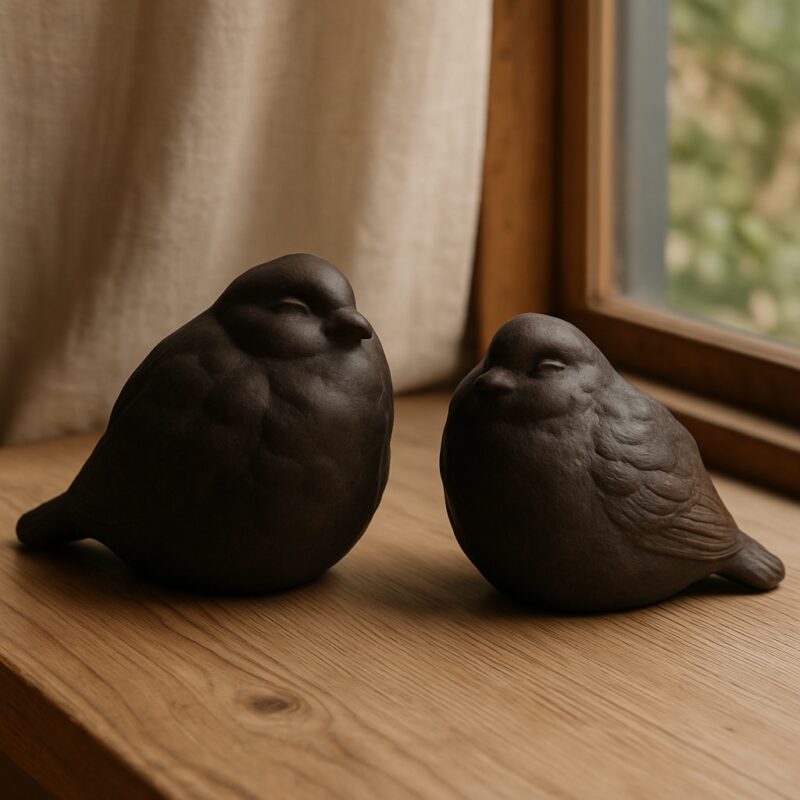 Wood Finish Ceramic Bird Pair — “Silent Companions”