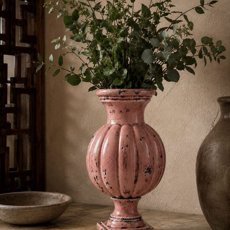 Vintage Pink Ceramic Urn Vase – Distressed Decorative Pedestal Vase, French Provincial Statement Vessel (46cm)
