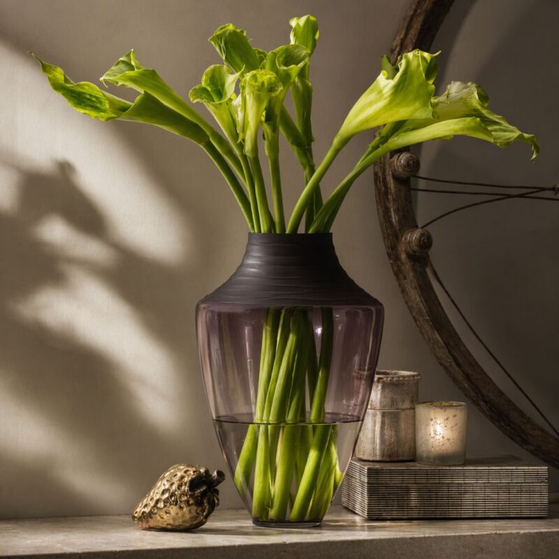 Plum Spin Cut Glass Vase – 42cm Tall Modern Decorative Vase with Textured Cut Finish & Clear Base