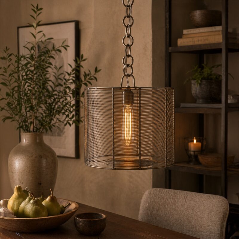 Industrial Wire Drum Pendant Light – Iron Wrapped Cage Hanging Lamp, Modern Edison Bulb Ceiling Light (42cm)
