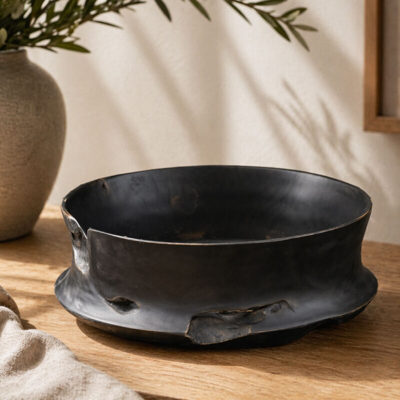 Black Wash Teak Wood Bowl – 35cm Rustic Handcrafted Decorative Bowl, Organic Wooden Centerpiece