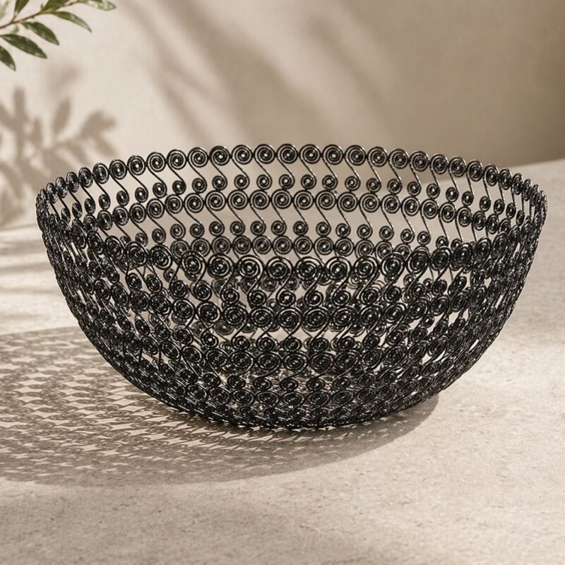 Black Twisted Wire Decorative Bowl – 50cm Large Metal Fruit Bowl, Handwoven Open Design Centerpiece Basket
