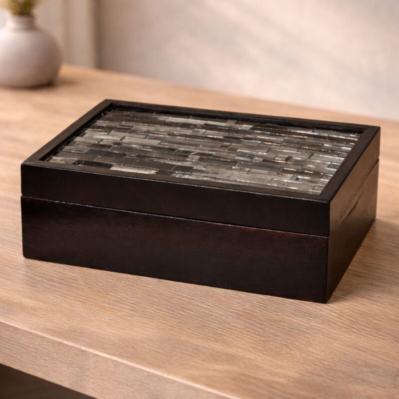 Large Rectangular Mosaic Storage Box – Black & Grey Glass Tile Decorative Wooden Organizer (25.5 x 19 x 10 cm)