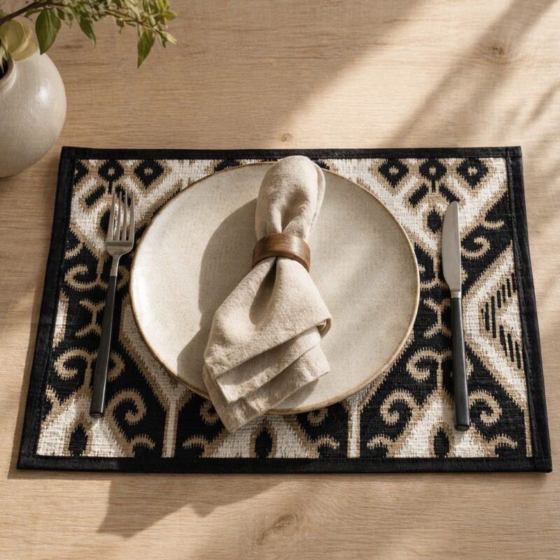 Black & White Ikat Placemats Set of 4 – 35x45cm Mendong Woven Geometric Table Mats, Modern Ethnic Dining Décor