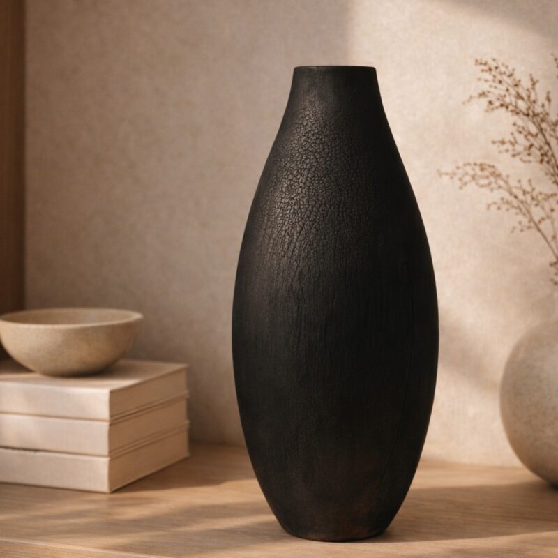 Shou Sugi Ban Black Vase – 35cm Tall Charred Wood Effect Decorative Vase, Modern Minimalist Sculptural Home Décor Accent