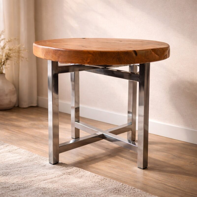 Round Teak Wood Side Table with Polished Metal Legs – 60cm Modern Rustic Coffee Table, Solid Wood Top Accent Table