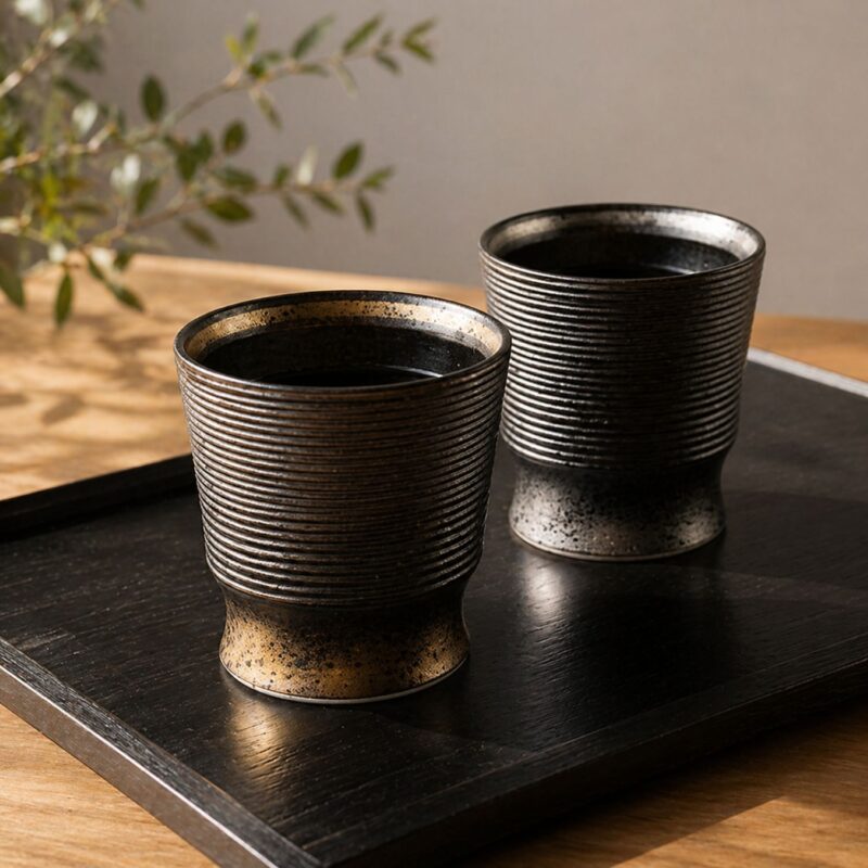 Japanese Style Ceramic Tumbler Set with Lacquer Tray – 2pc Metallic Gold & Silver Cups (290ml) Gift Set