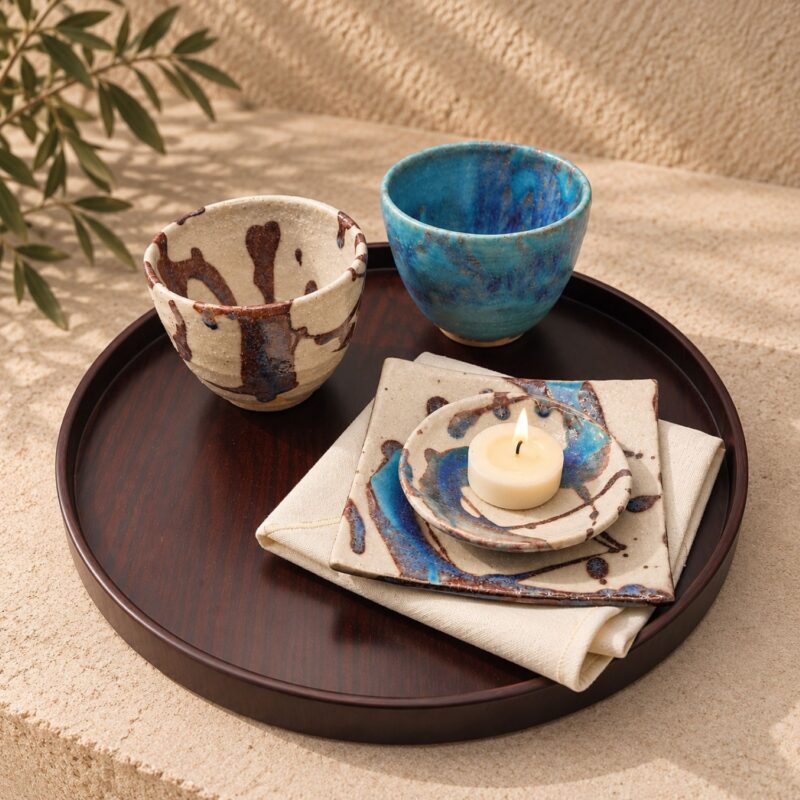 Azure Brush Tea & Candle Ritual Set – Japanese Ceramics with Linen & 30 cm Tray