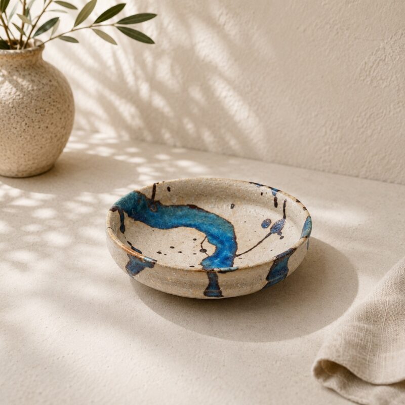 Japanese Artisan Blue Glaze Serving Bowl – 14 cm