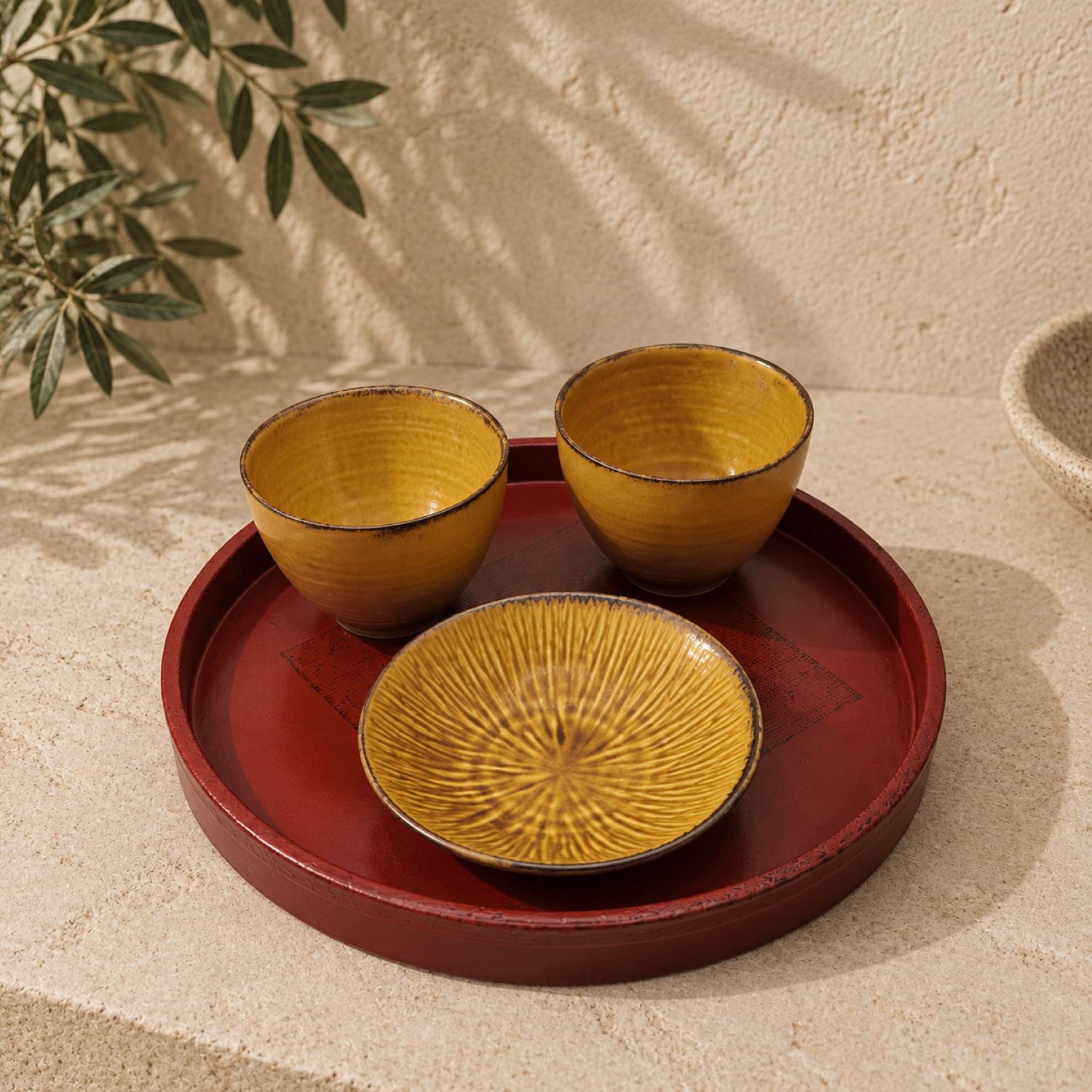 Kogane Tea for Two – Japanese Ceramic Cup & Dish Set with 21cm Tray