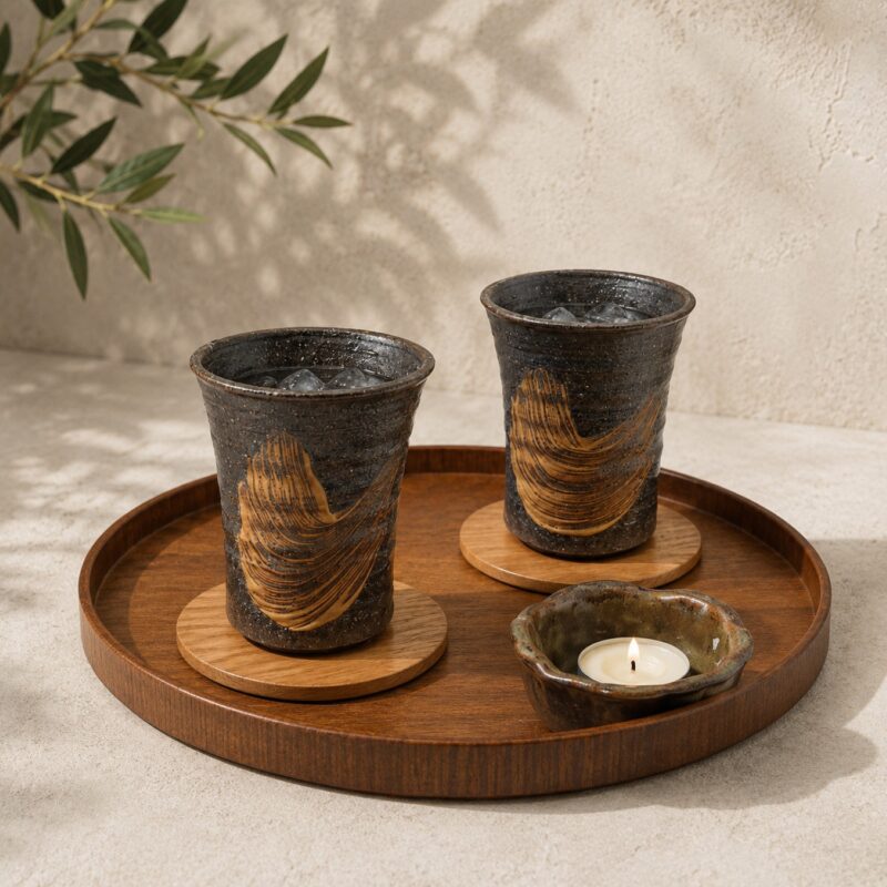 The Ember Pour Set – Japanese Ceramic Cups & Wood Tray