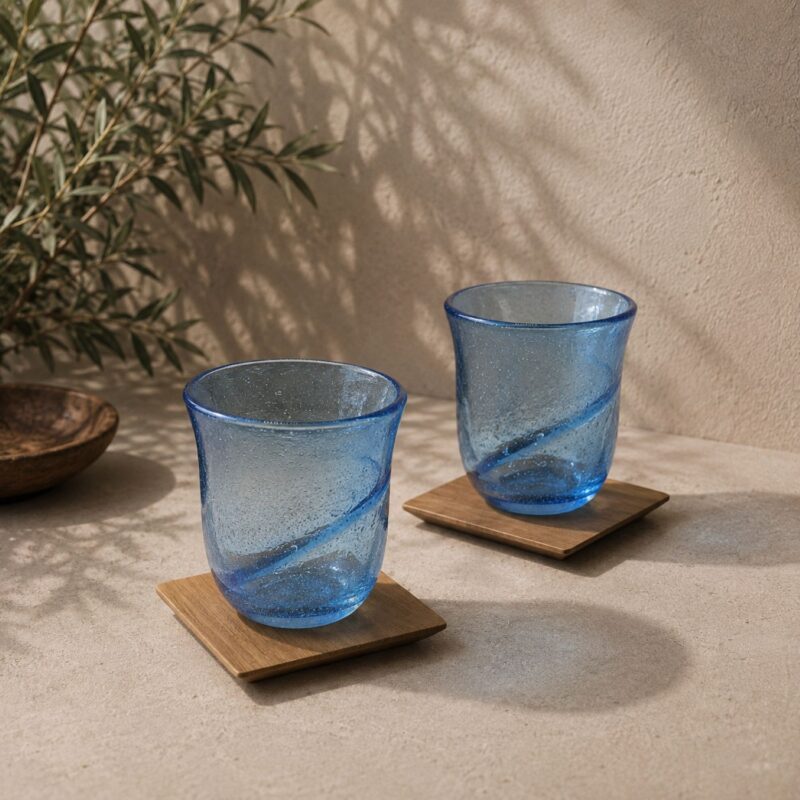 Azure Bubble Glass Tumblers with Wooden Coasters – Set of Two