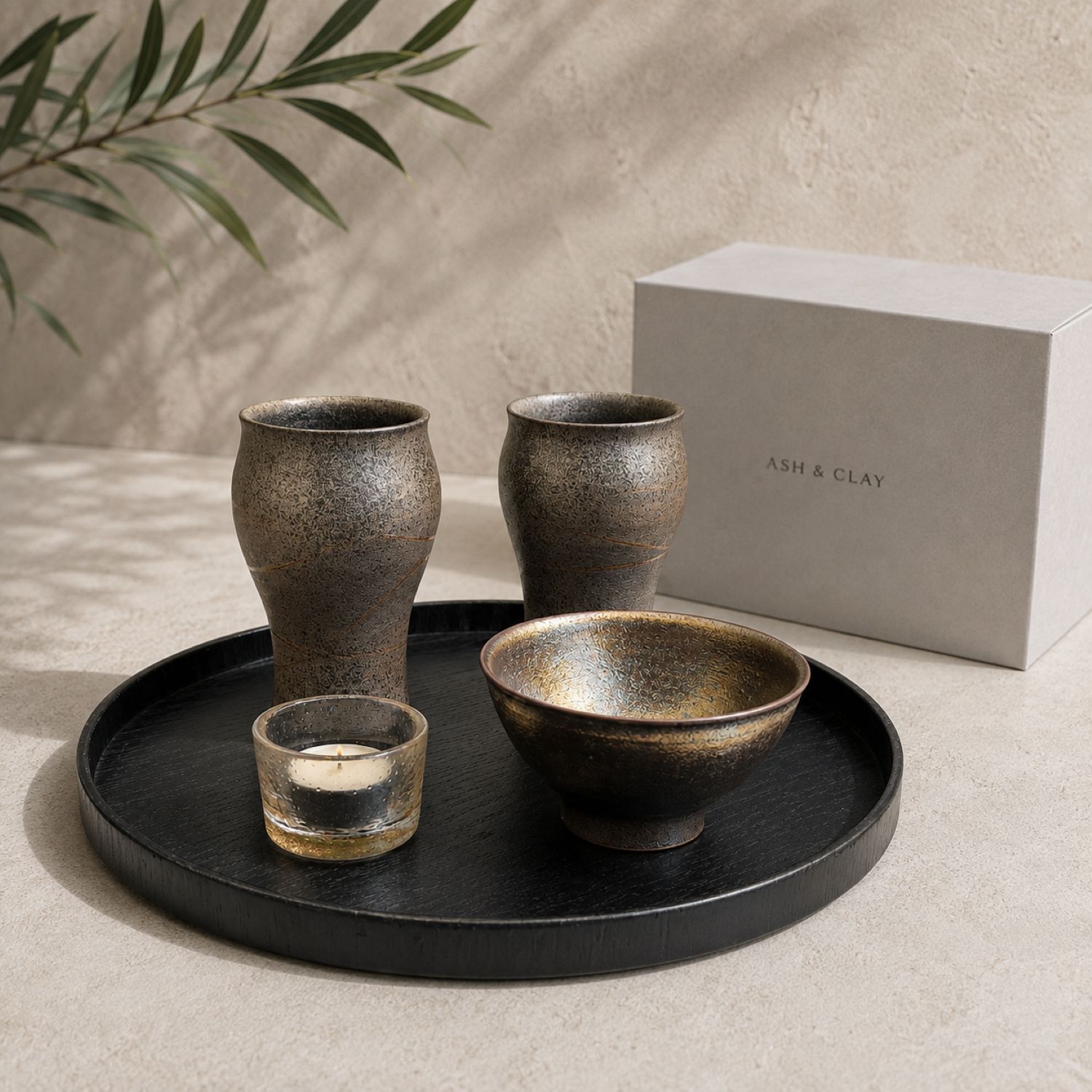 The Evening Ritual Set – Japanese Ceramic Beer Cups, Bowl, Votive & Wood Tray - Image 2