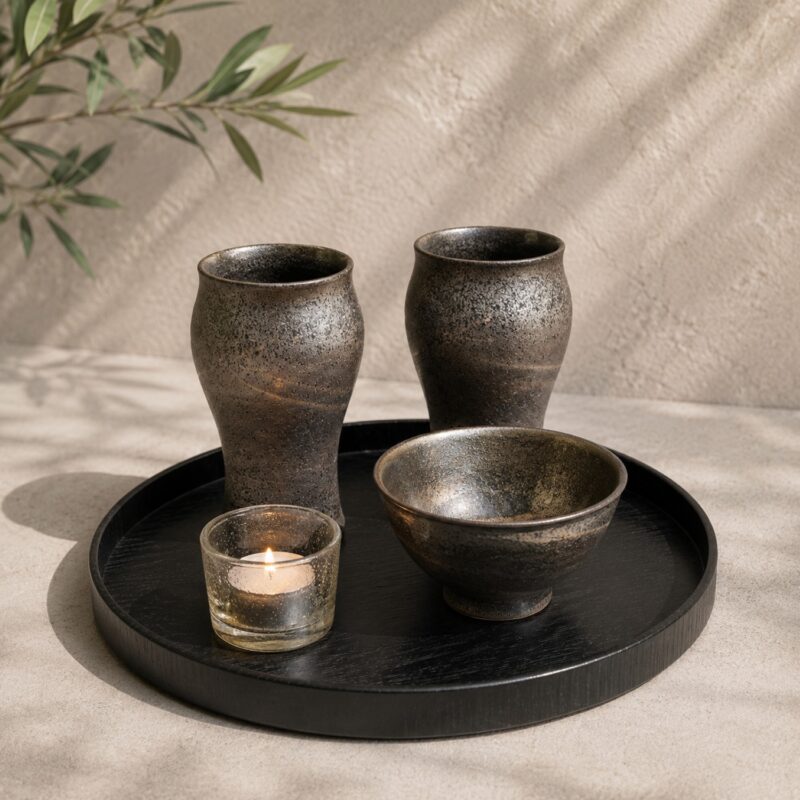The Evening Ritual Set – Japanese Ceramic Beer Cups, Bowl, Votive & Wood Tray