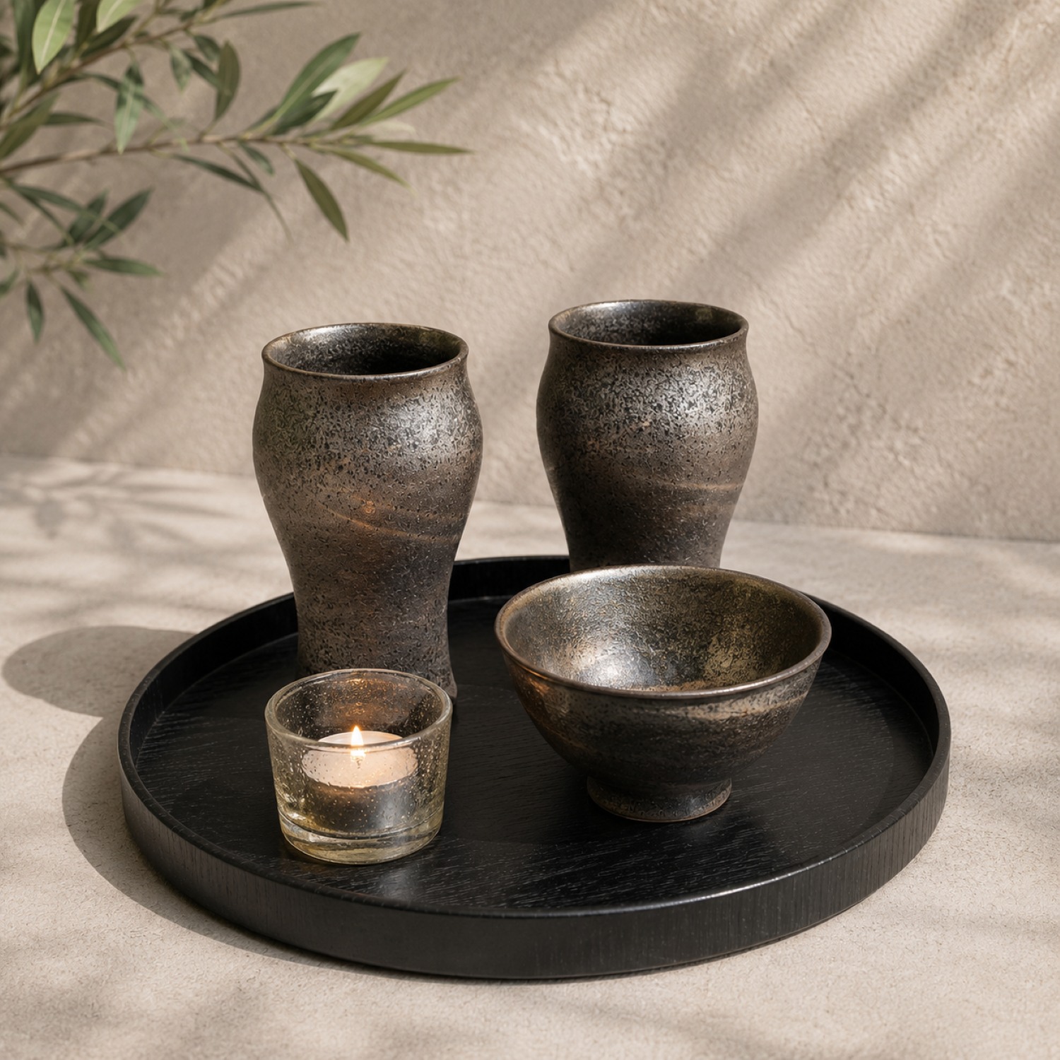 The Evening Ritual Set – Japanese Ceramic Beer Cups, Bowl, Votive & Wood Tray