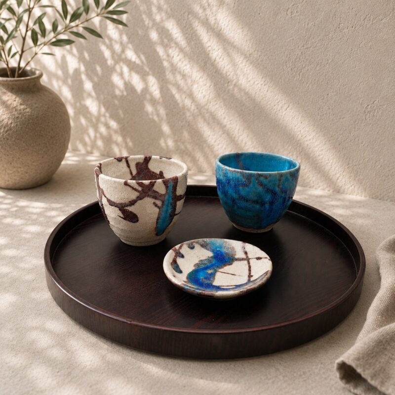 Japanese Ceramic Tea Cup Duo & Artisan Plate Gift Set