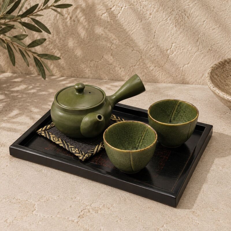 Mori Green Tea Set – Japanese Teapot, Two Cups, Tatami Coaster & Lacquered Wood Tray