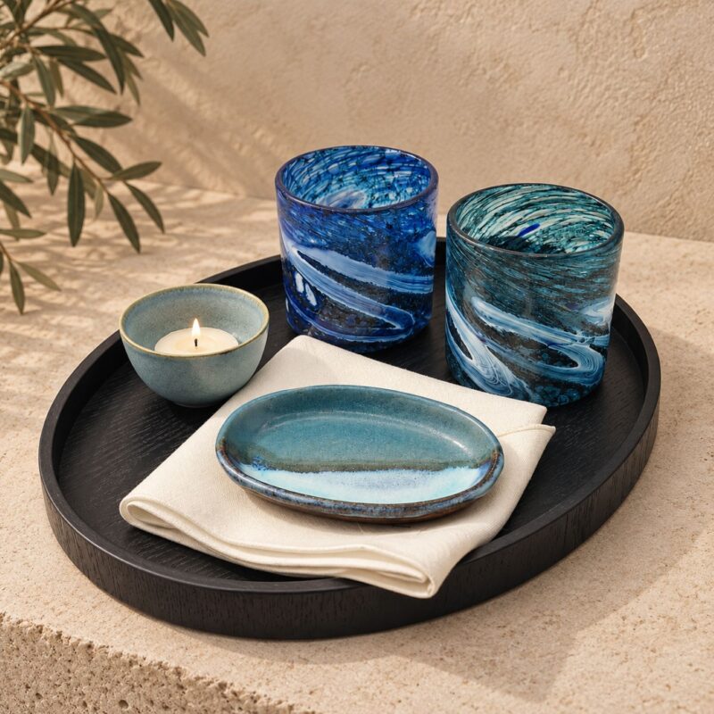 Ryukyu Blue Evening Set – Okinawan Glass, Ceramic Dish, Linen & Wood Tray