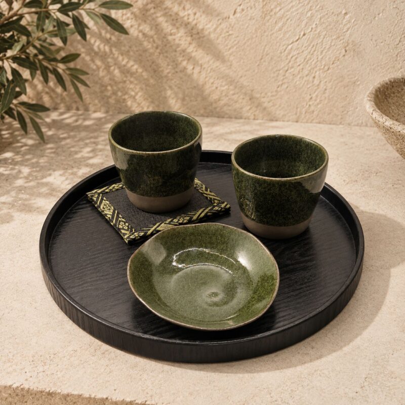 Moss Tatami Tea Ritual Set – Japanese Ceramics & 33 cm Tray
