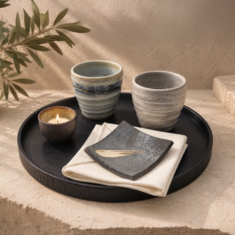 Shizuku Japanese Drink & Table Setting – Ceramic Cups, Dish, Linen, Candle Holder & Wood Tray