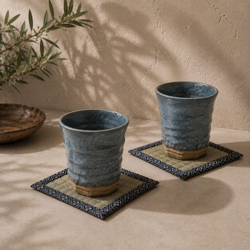 Aonagi Japanese Ceramic Tumbler & Tatami Coaster Set for Two