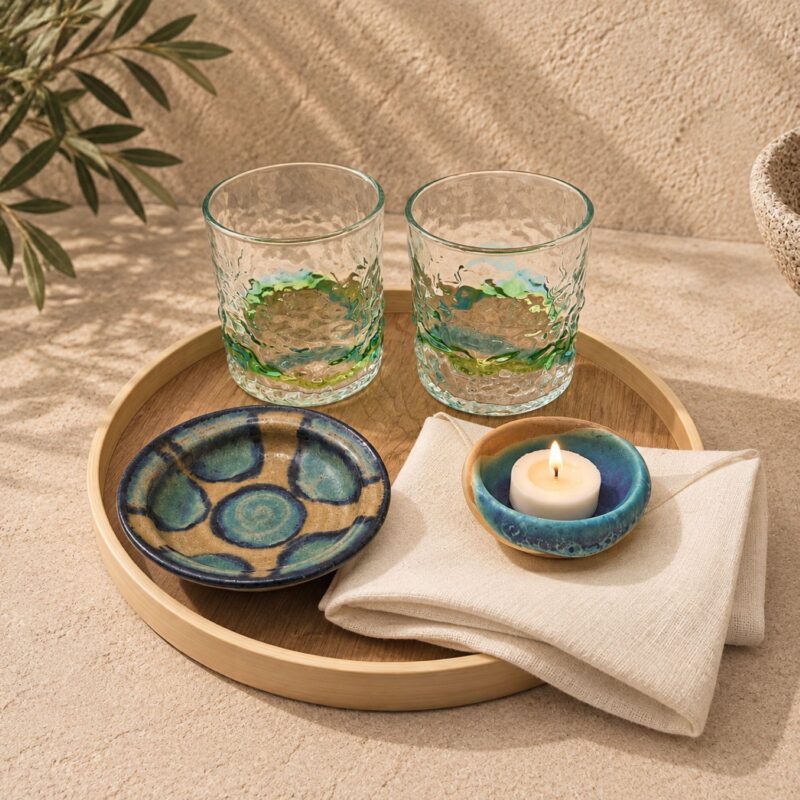Okinawa Island Light Set – Ryukyu Glass Tumblers, Yachimun Ceramics, Japanese Linen & Wood Tray