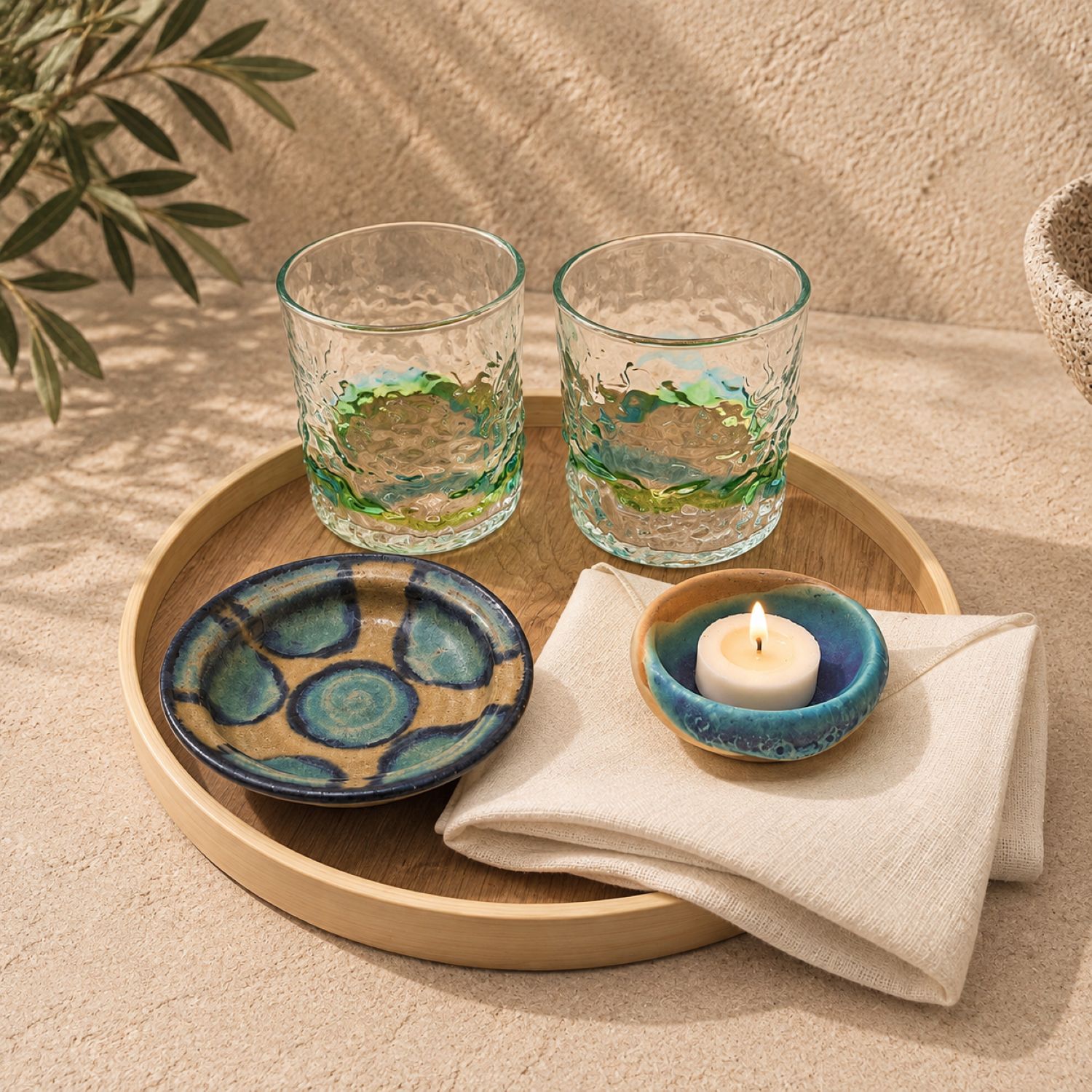 Okinawa Island Light Set – Ryukyu Glass Tumblers, Yachimun Ceramics, Japanese Linen & Wood Tray