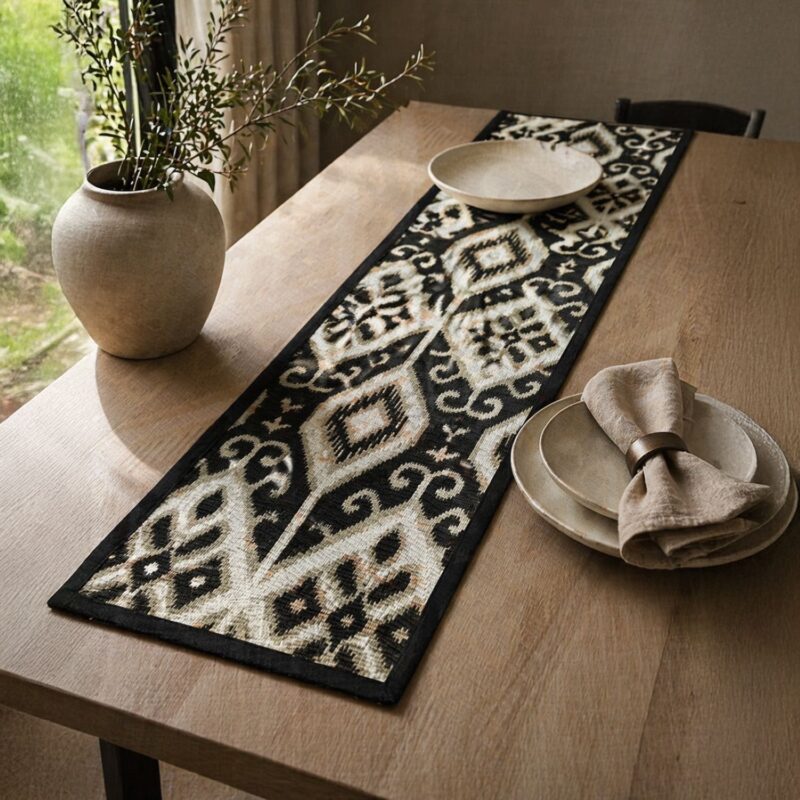 Monochrome Ikat Table Runner – Black & White Geometric Mendong Dining Runner, Modern Ethnic Table Décor (200cm)